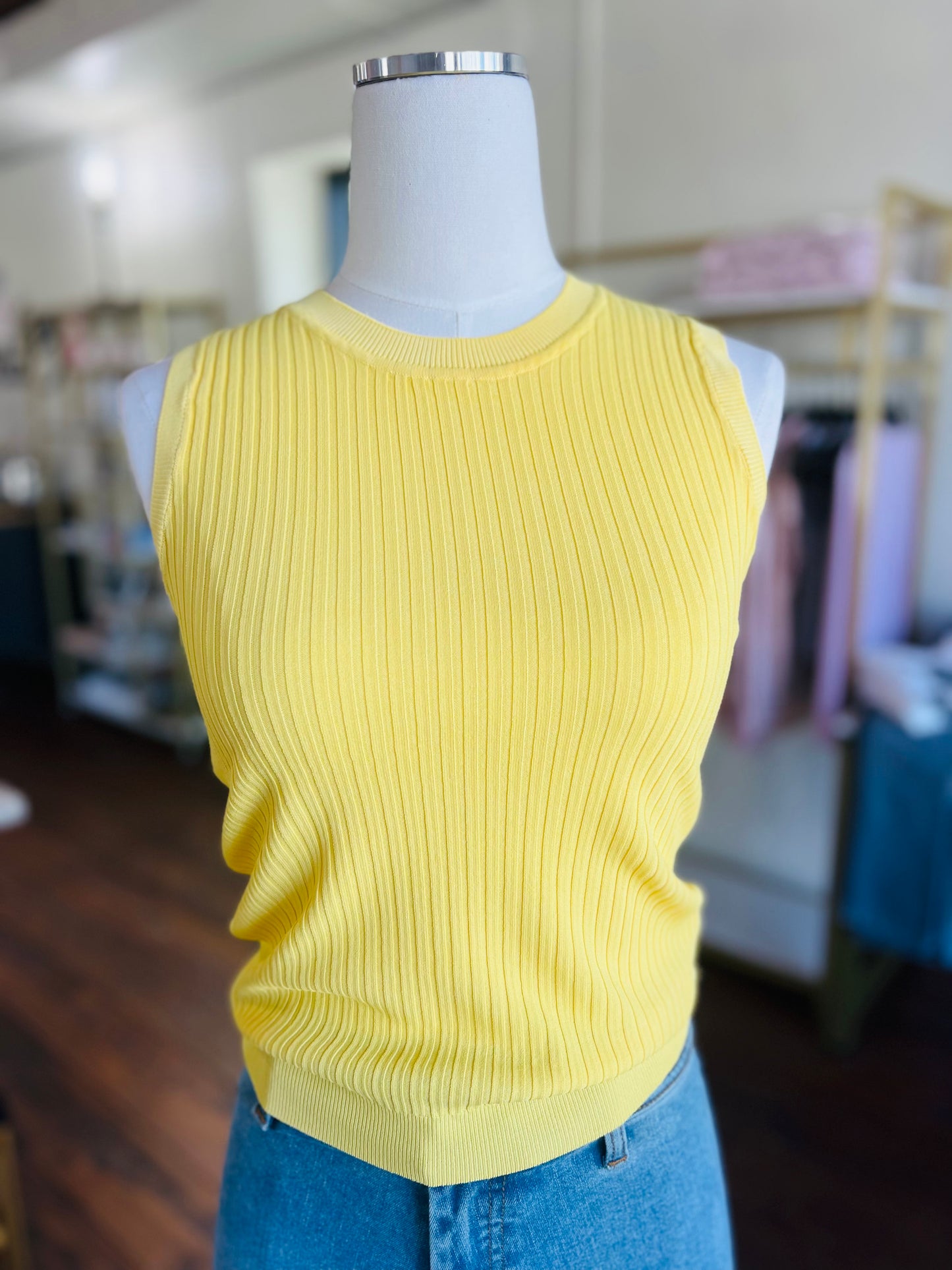 Canary Yellow Ribbed Knit Tank Top with
