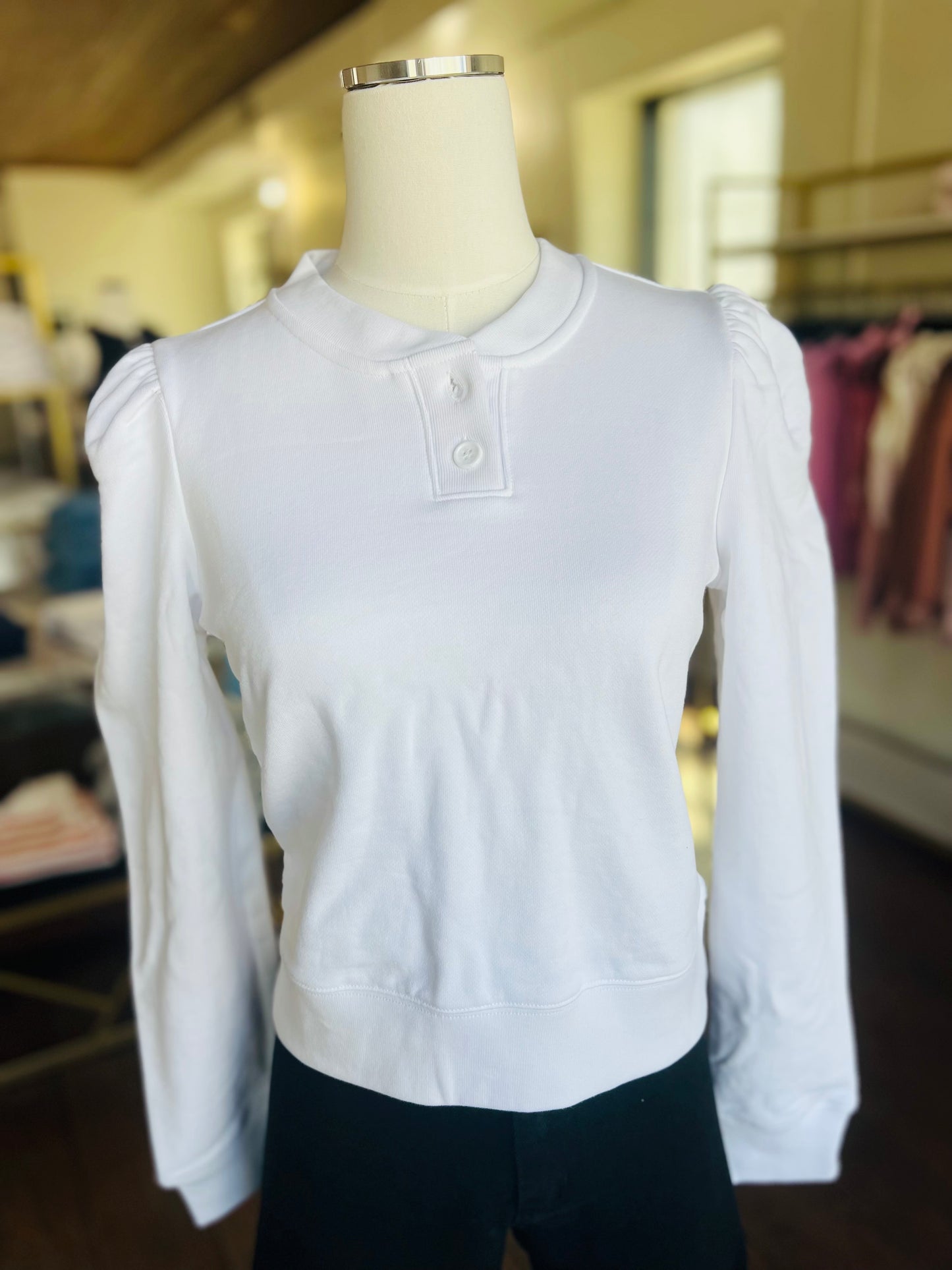 White Sweatshirt with Puff Sleeve