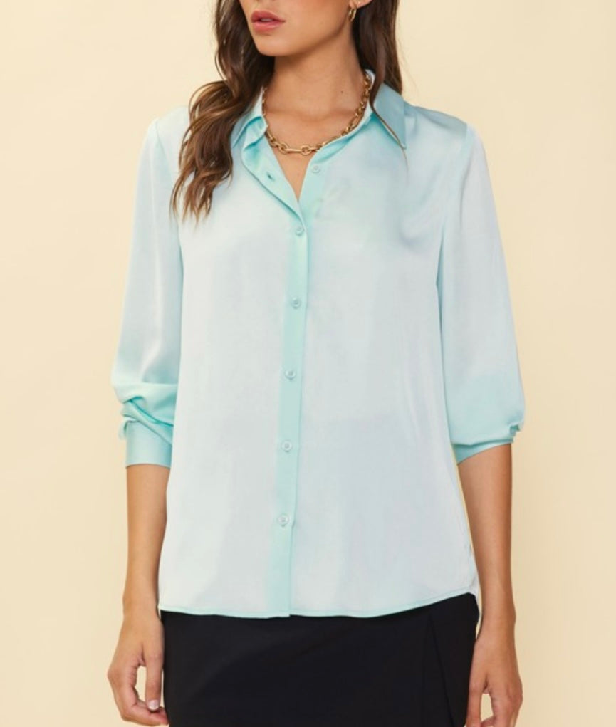 Recycled Satin Button Down in Tiffany Blue
