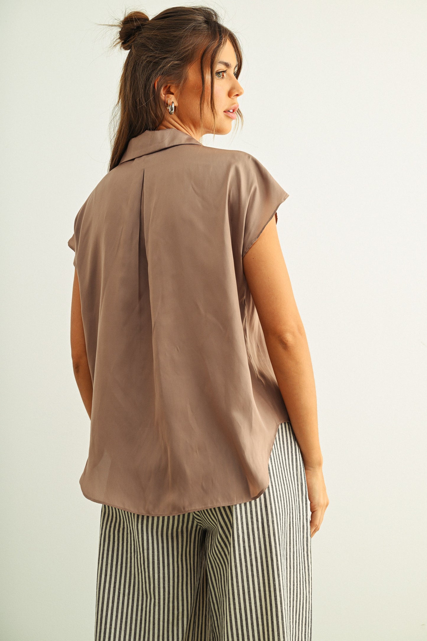 Button Down Satin Cap Sleeve Top