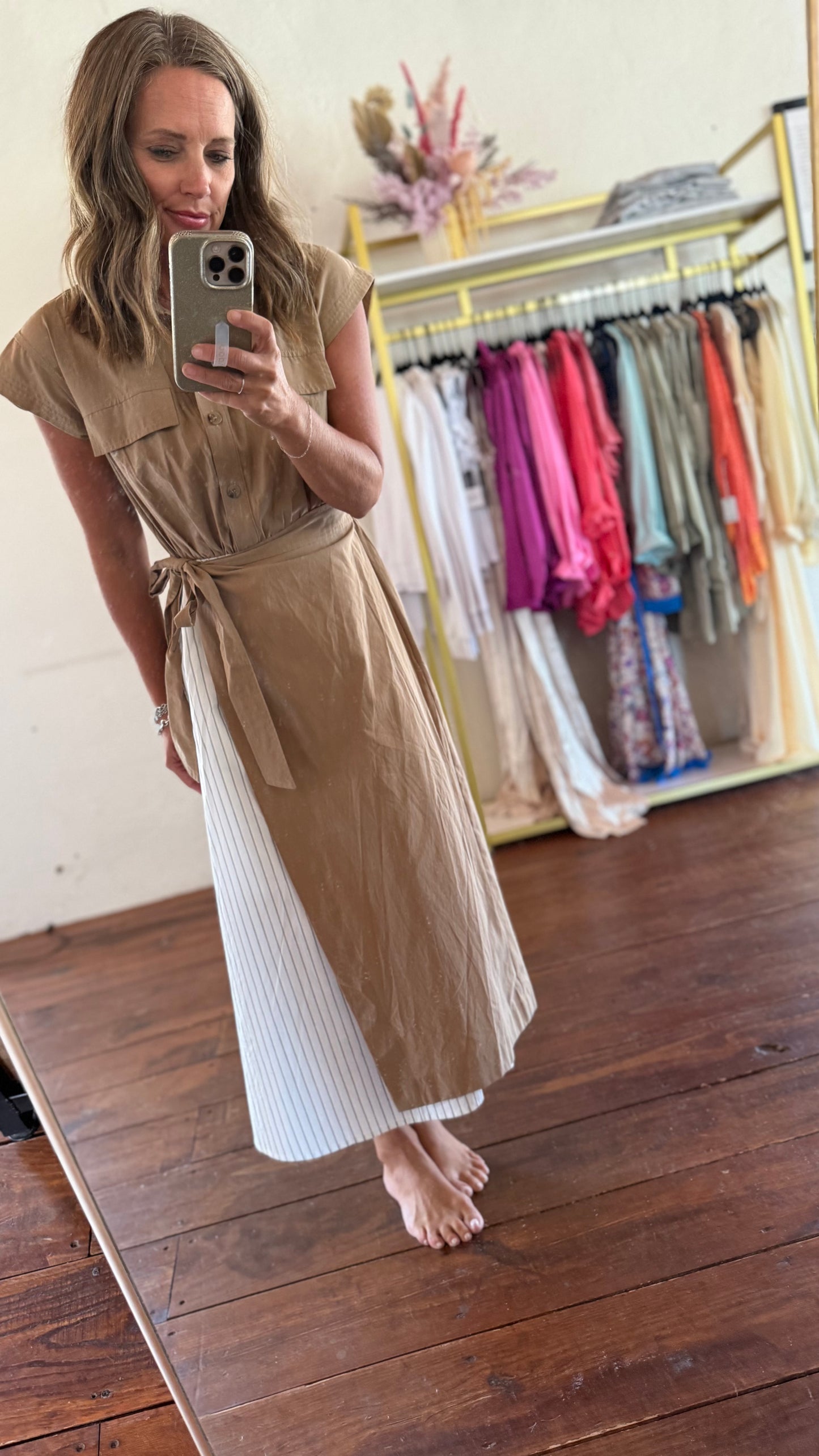 Khaki Midi Dress with Black & White Stripe