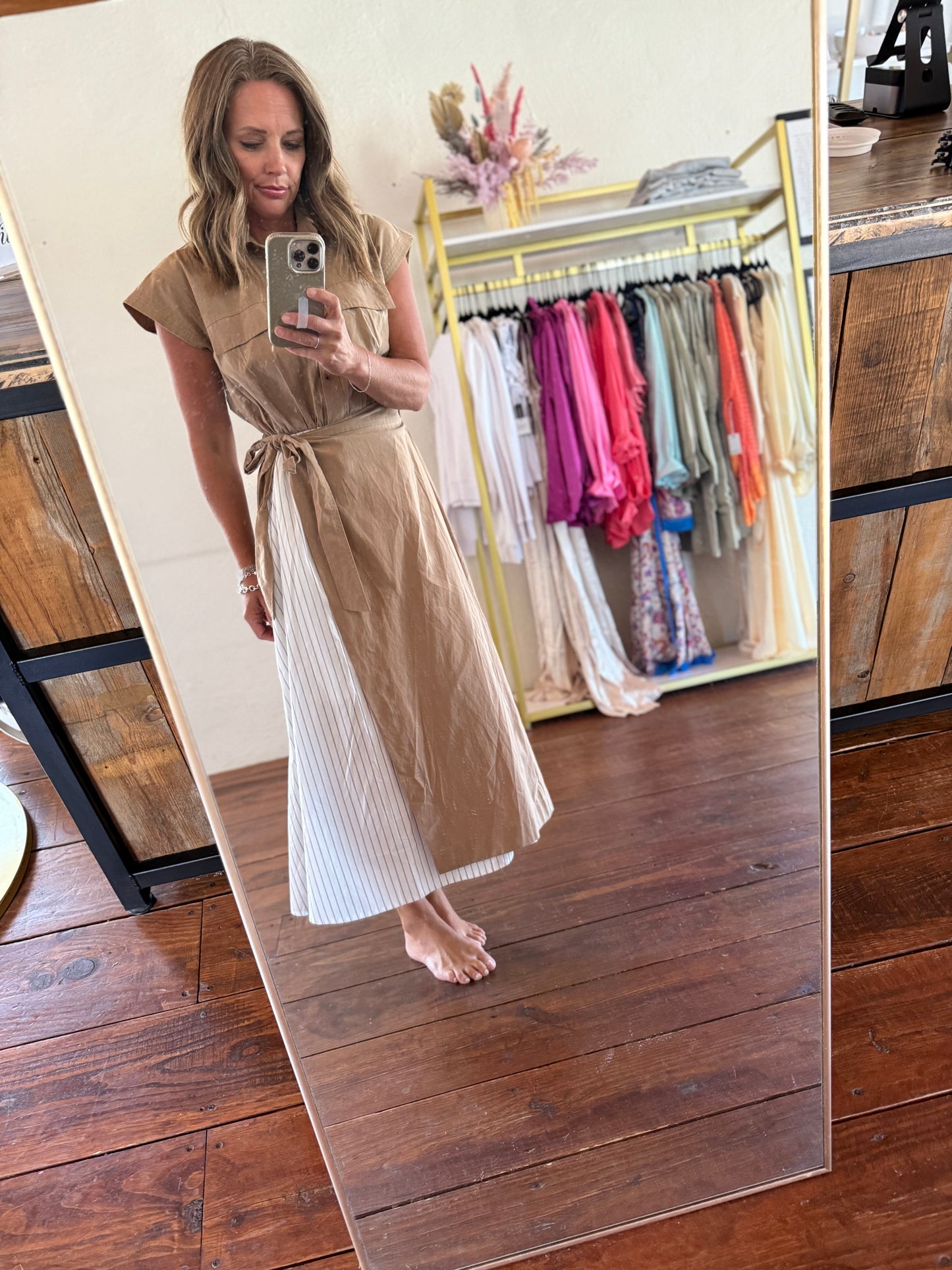 Khaki Midi Dress with Black & White Stripe