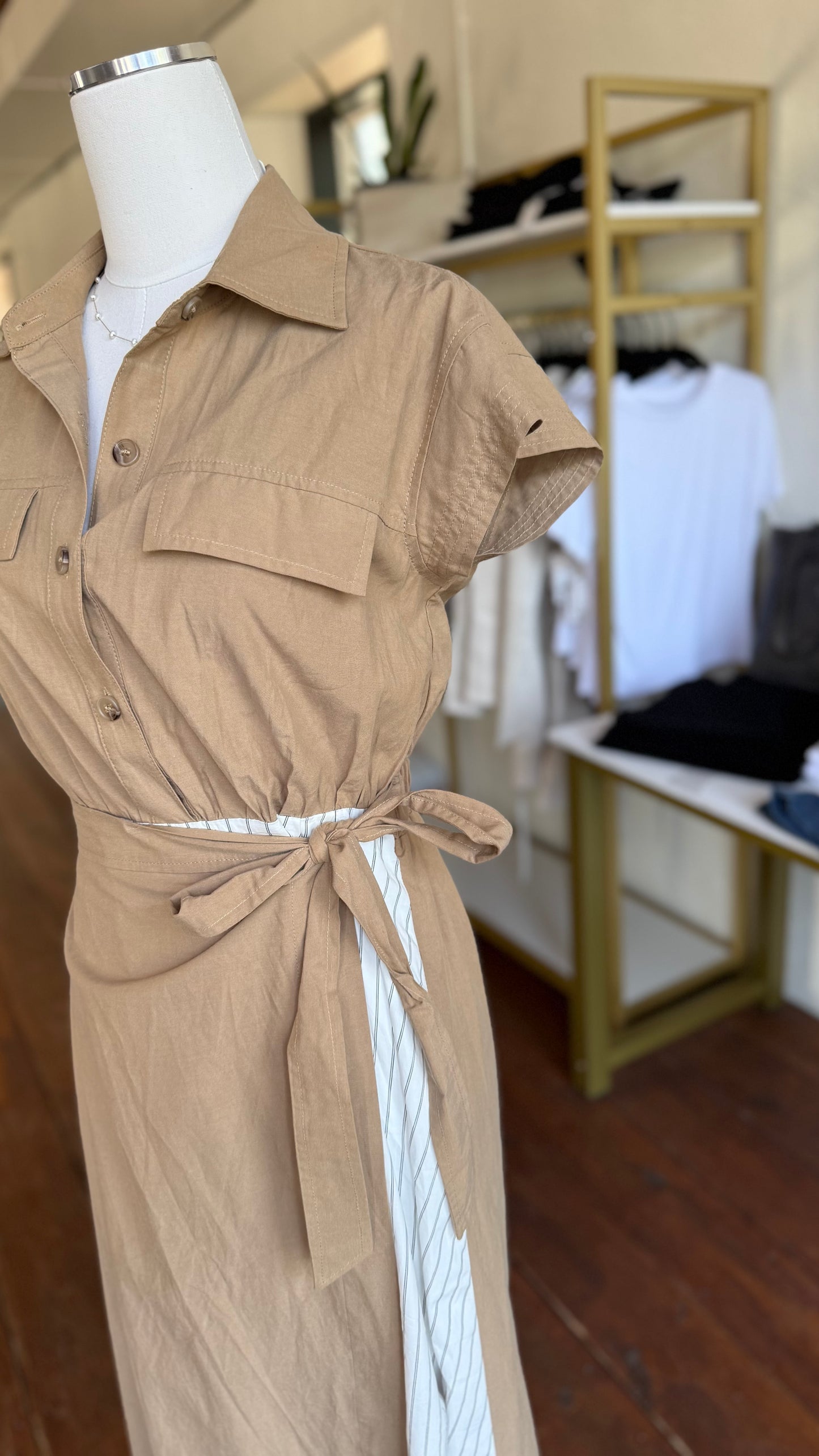 Khaki Midi Dress with Black & White Stripe