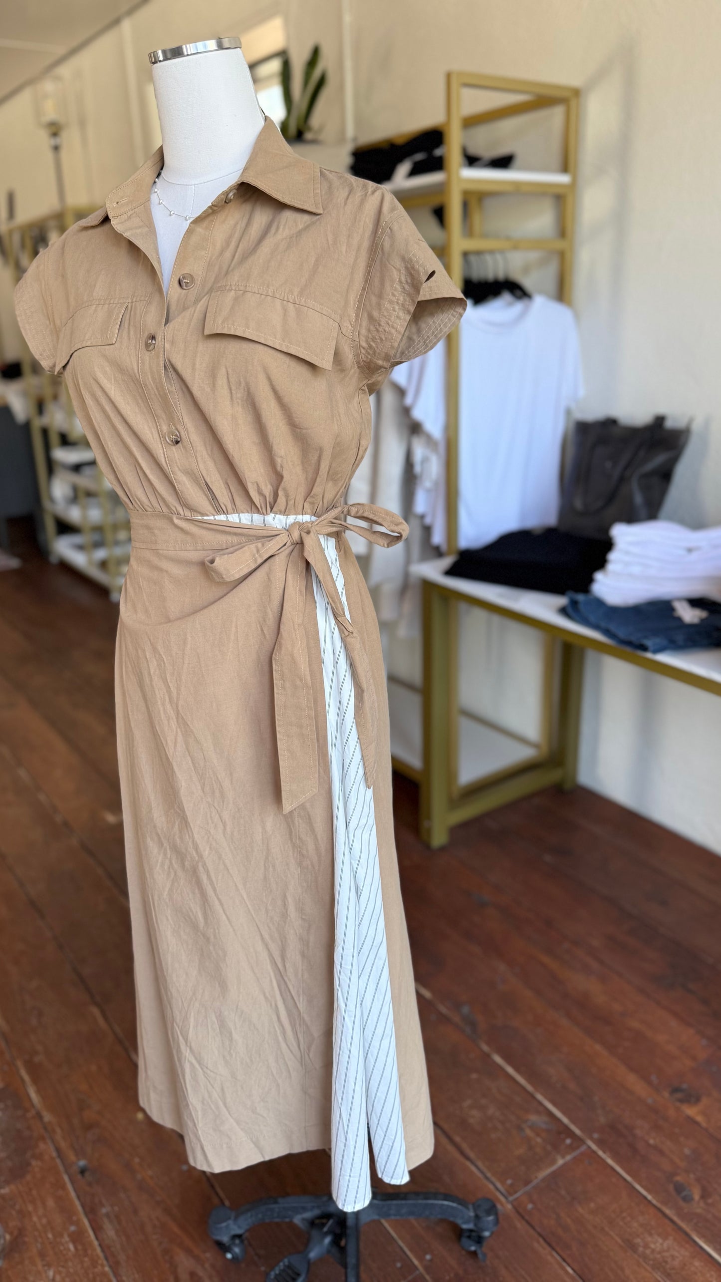 Khaki Midi Dress with Black & White Stripe