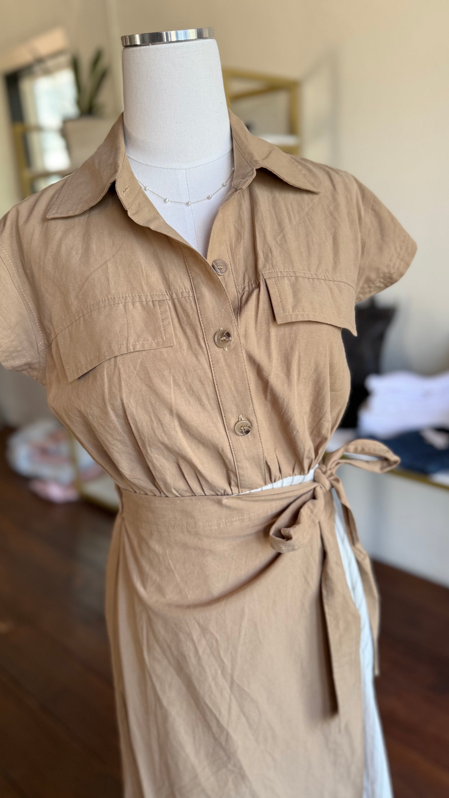 Khaki Midi Dress with Black & White Stripe