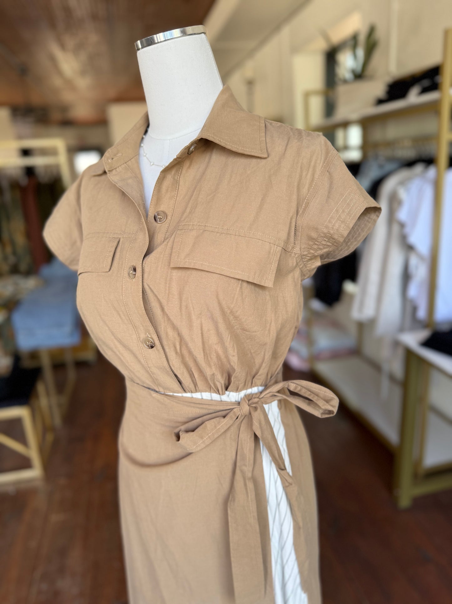 Khaki Midi Dress with Black & White Stripe