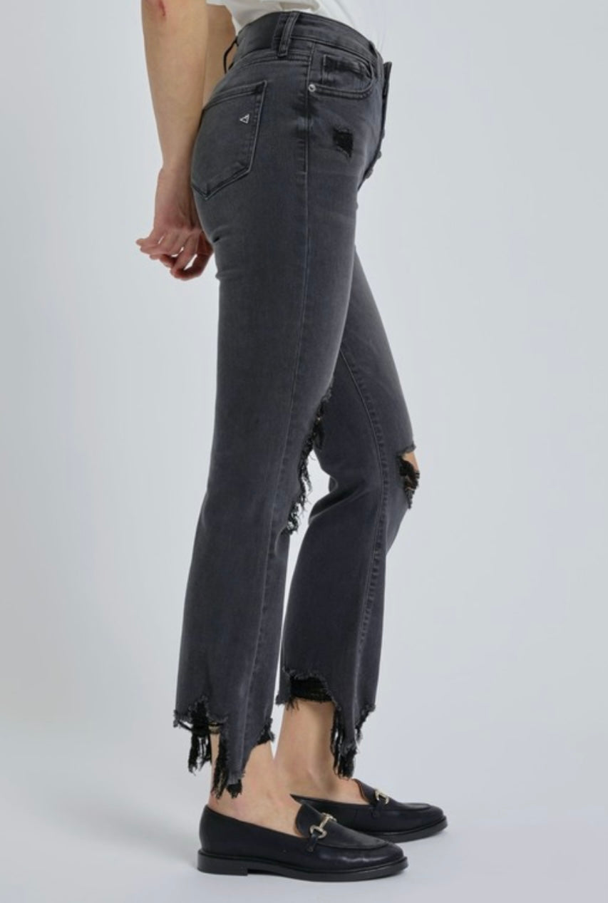 Charcoal Washed Exposed Button Down Frayed Hem Crop Flare Denim