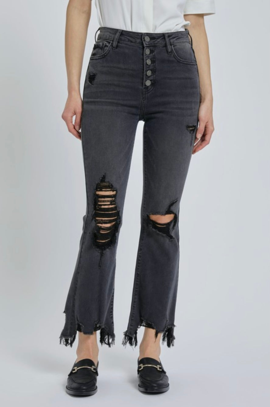 Charcoal Washed Exposed Button Down Frayed Hem Crop Flare Denim
