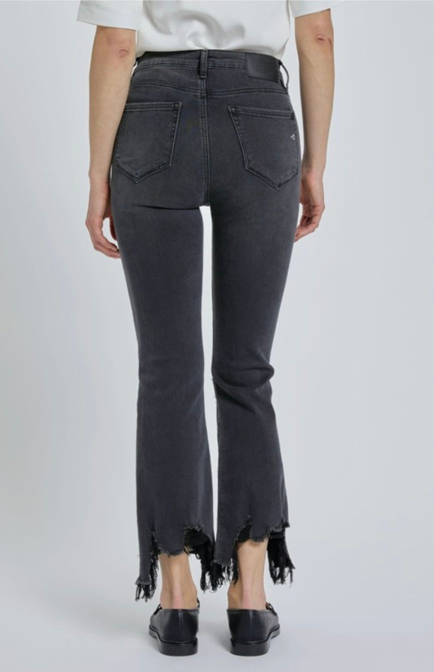Charcoal Washed Exposed Button Down Frayed Hem Crop Flare Denim