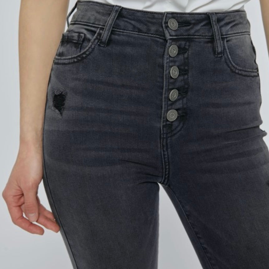 Charcoal Washed Exposed Button Down Frayed Hem Crop Flare Denim