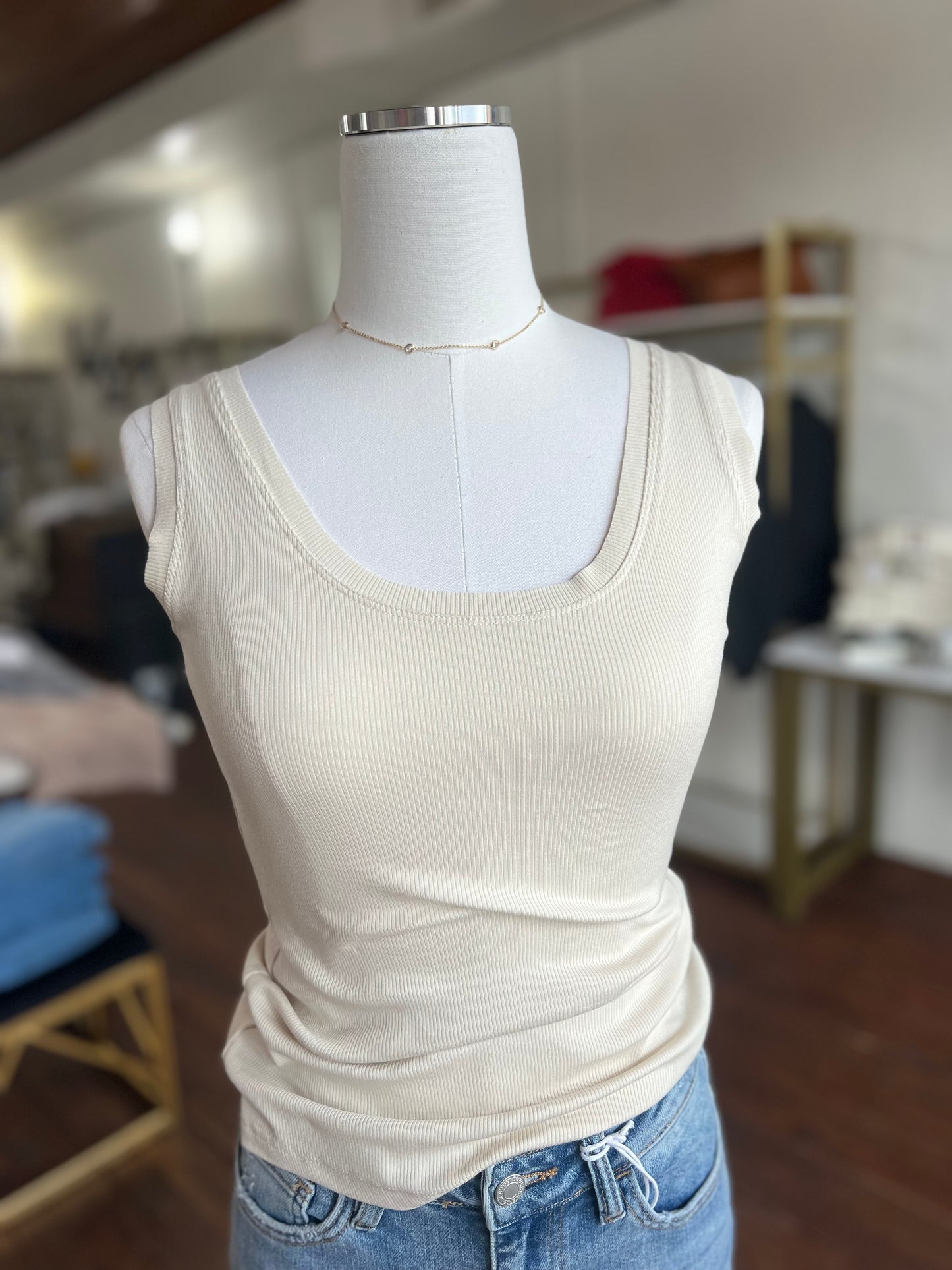 Scoop Neck Ribbed Knit Tank Top in Sweet Cream