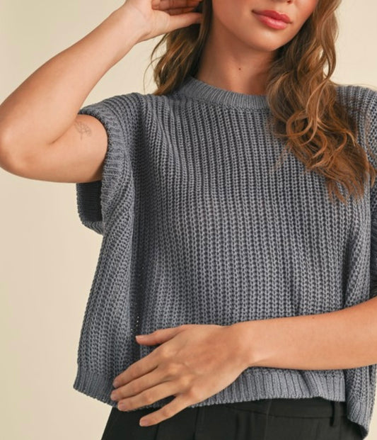Short Sleeve Dolman Sweater in Denim Blue