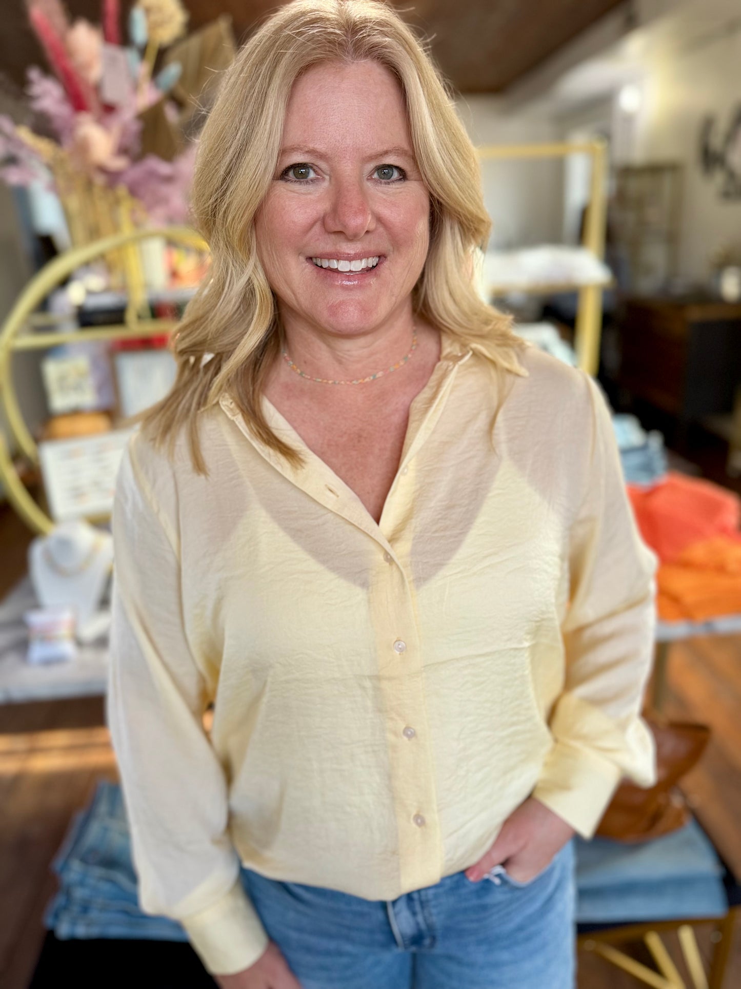Butter Yellow Flowy Satin Top