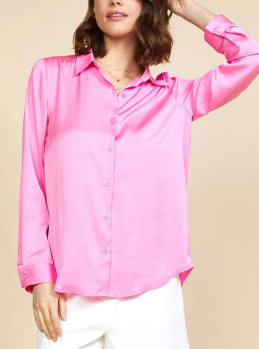 Recycled Satin Button Down Blouse in Shocking Pink