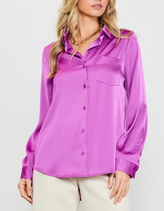 Recycled Satin Button Down Top in Mulberry