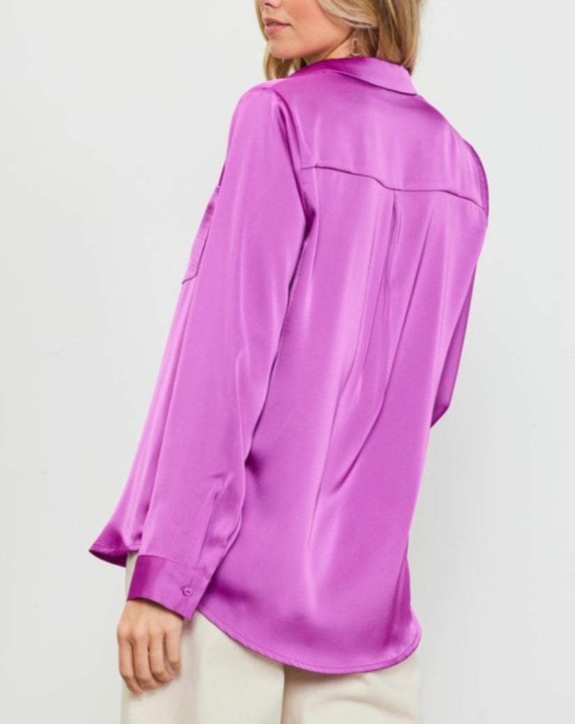 Recycled Satin Button Down Top in Mulberry