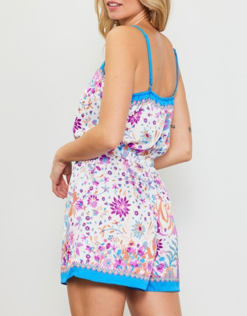 Capri Blue Border Printed Romper