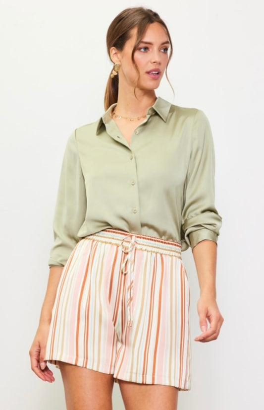 Recycled Satin Button Down Top in Sage Green