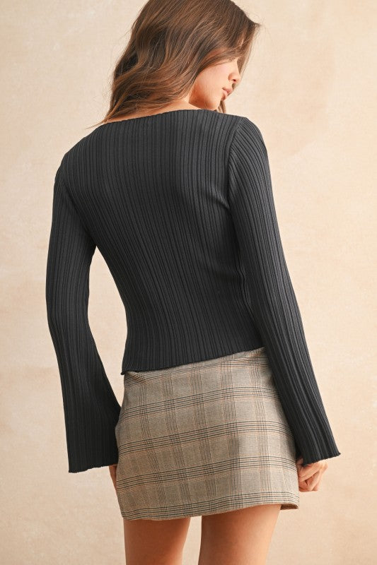 Ribbed Knit Bell Sleeve Top Available in Three Colors