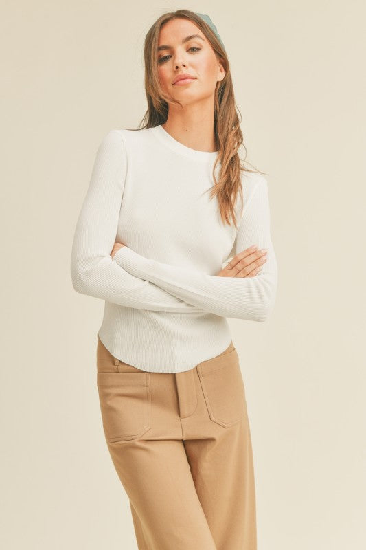 Ribbed Long Sleeve Basic Top in White