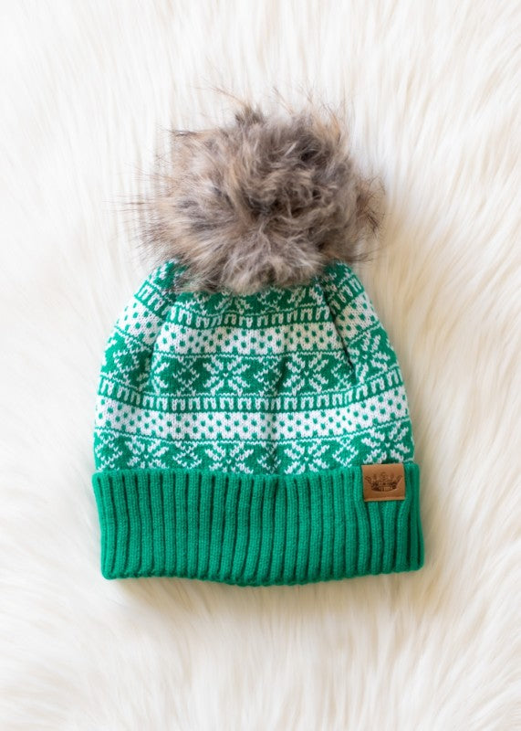 Green & White Patterned Hat & Mittens Set