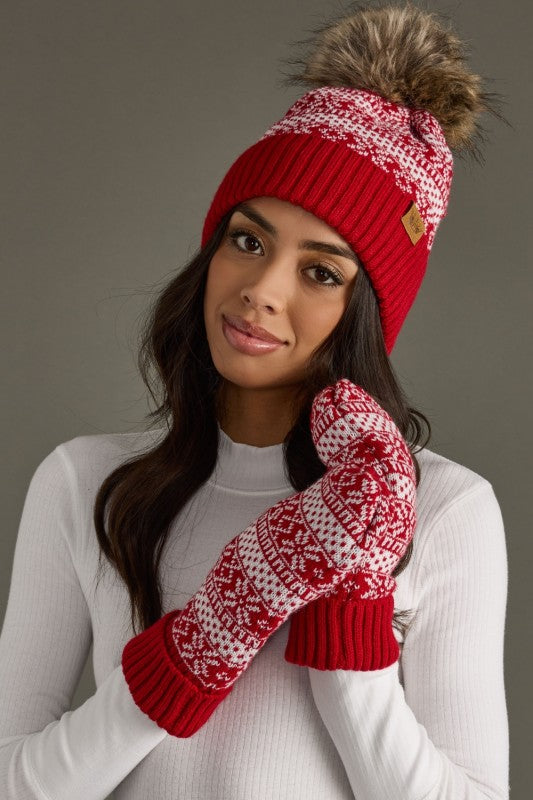 Red & White Patterned Hat & Mitten Set