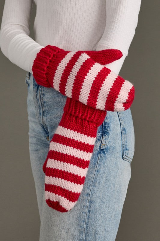 Red & Pink Striped Hat & Mittens Set