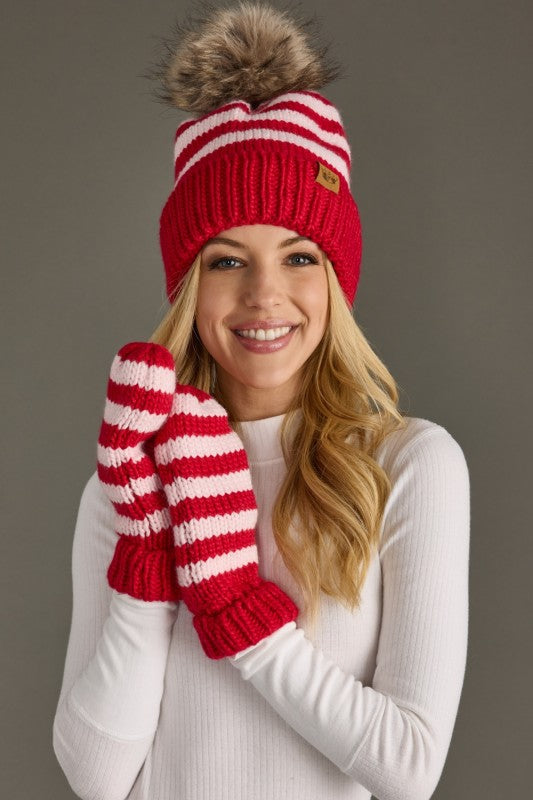 Red & Pink Striped Hat & Mittens Set