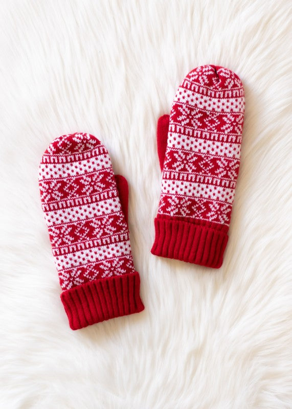 Red & White Patterned Hat & Mitten Set