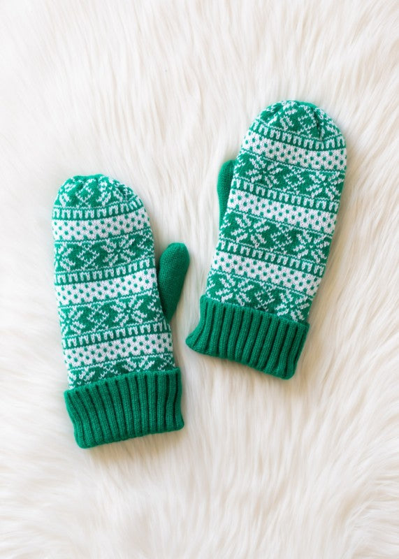 Green & White Patterned Hat & Mittens Set