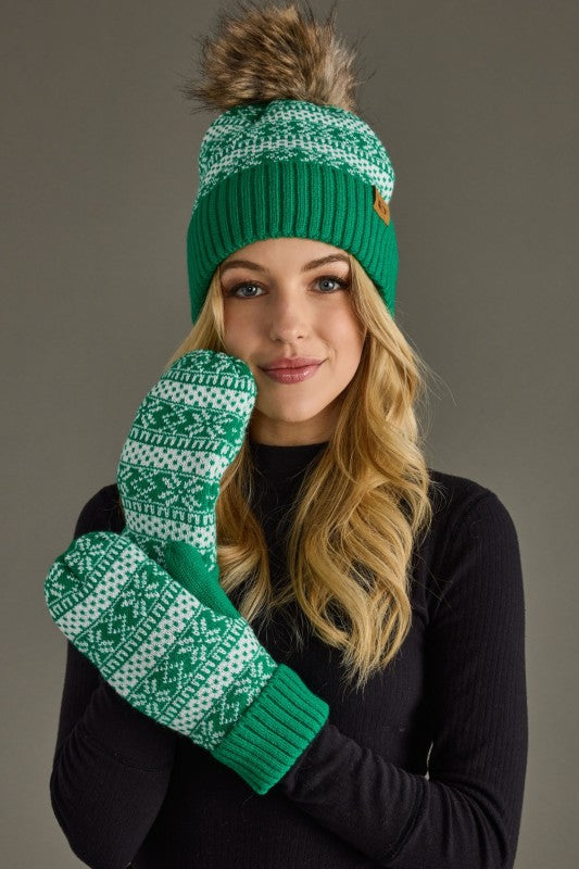 Green & White Patterned Hat & Mittens Set