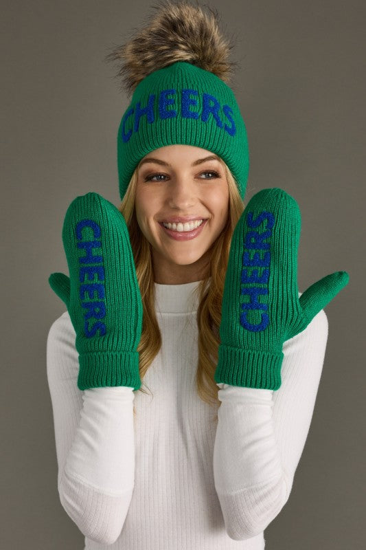 Green Cheers Stocking Hat & Mittens Set
