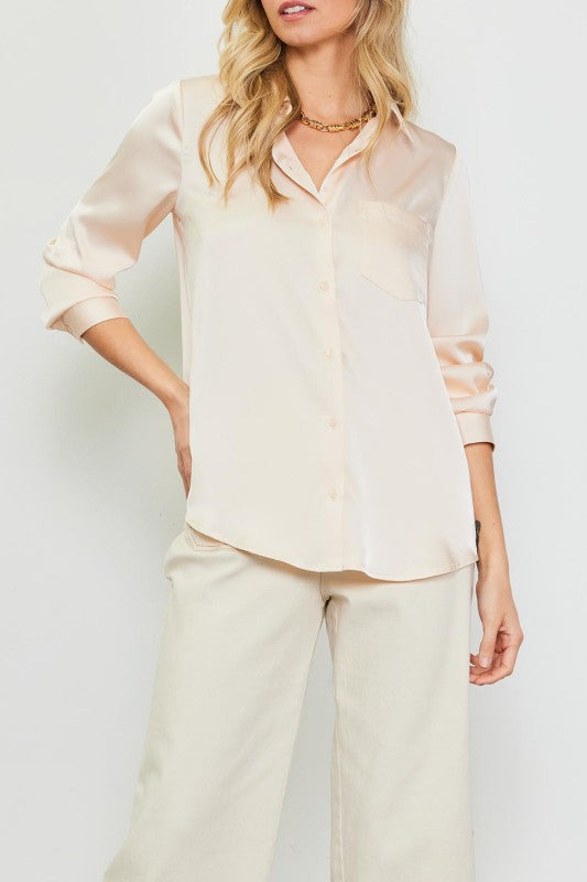 Satin Button Down in Oatmilk