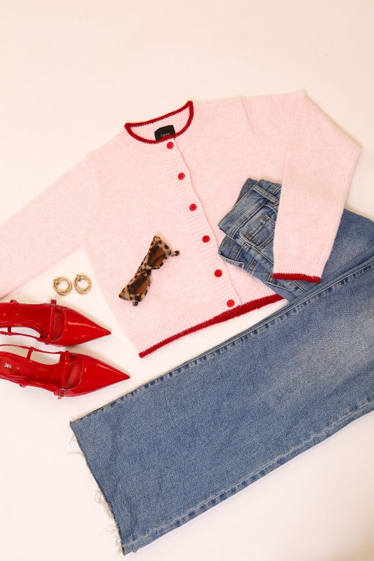 Baby Pink Cardigan With Red Trim