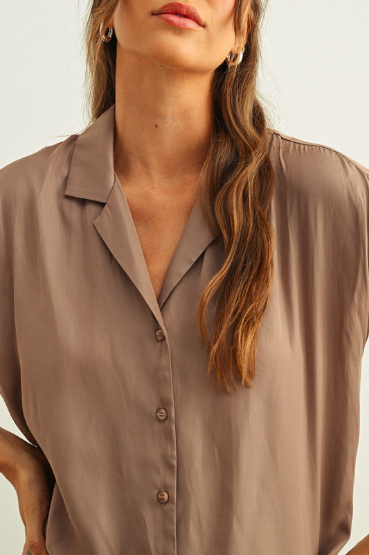 Button Down Satin Cap Sleeve Top