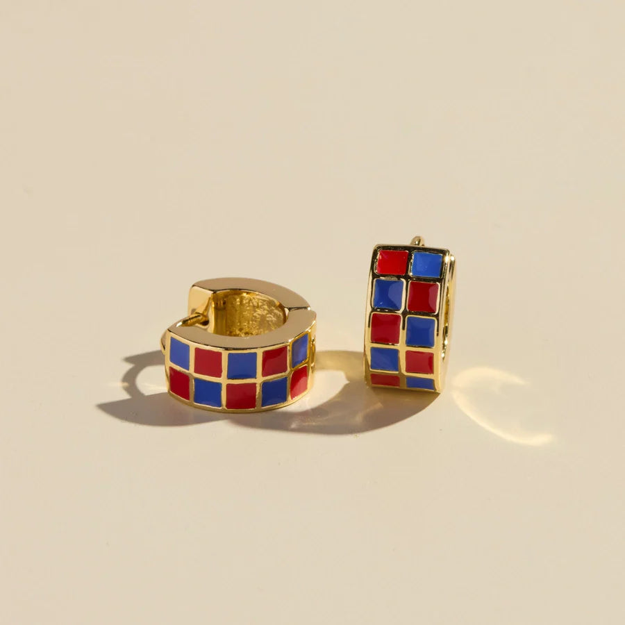 Red & Blue Checkered Huggie Earrings
