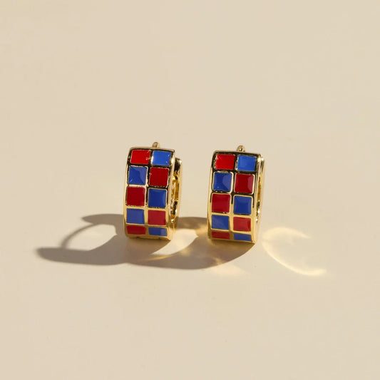 Red & Blue Checkered Huggie Earrings