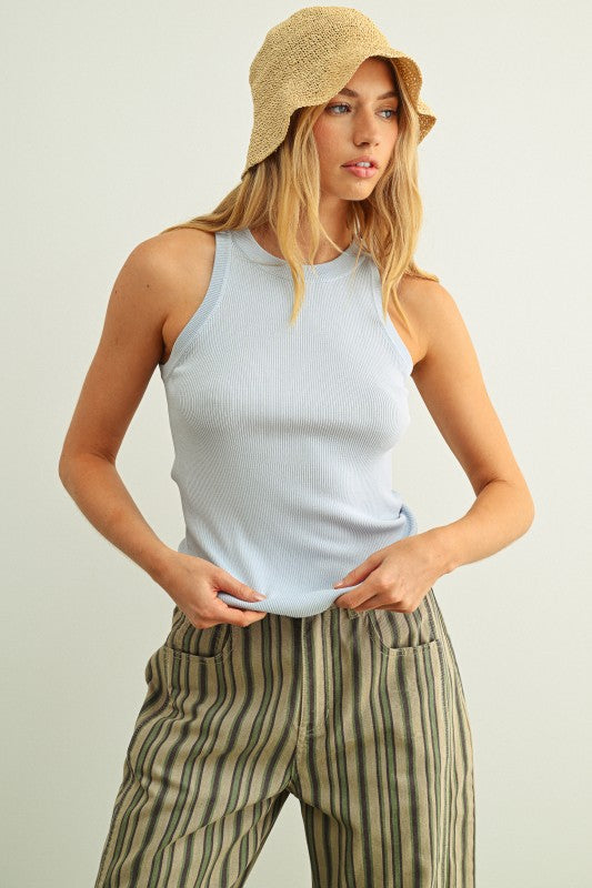 Classic Ribbed Knit Tank Top in Misty Blue