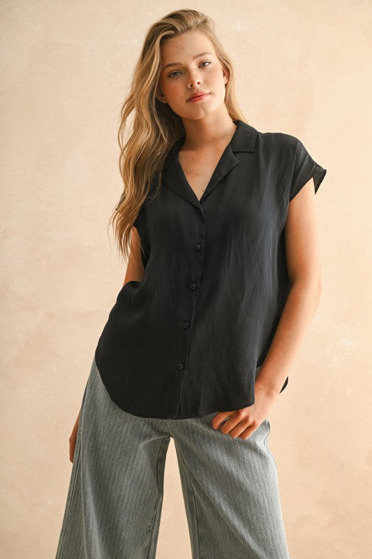 Button Down Cap Sleeve Top In Black