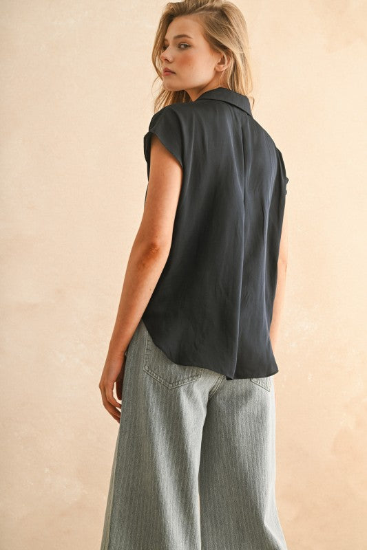 Button Down Cap Sleeve Top In Black