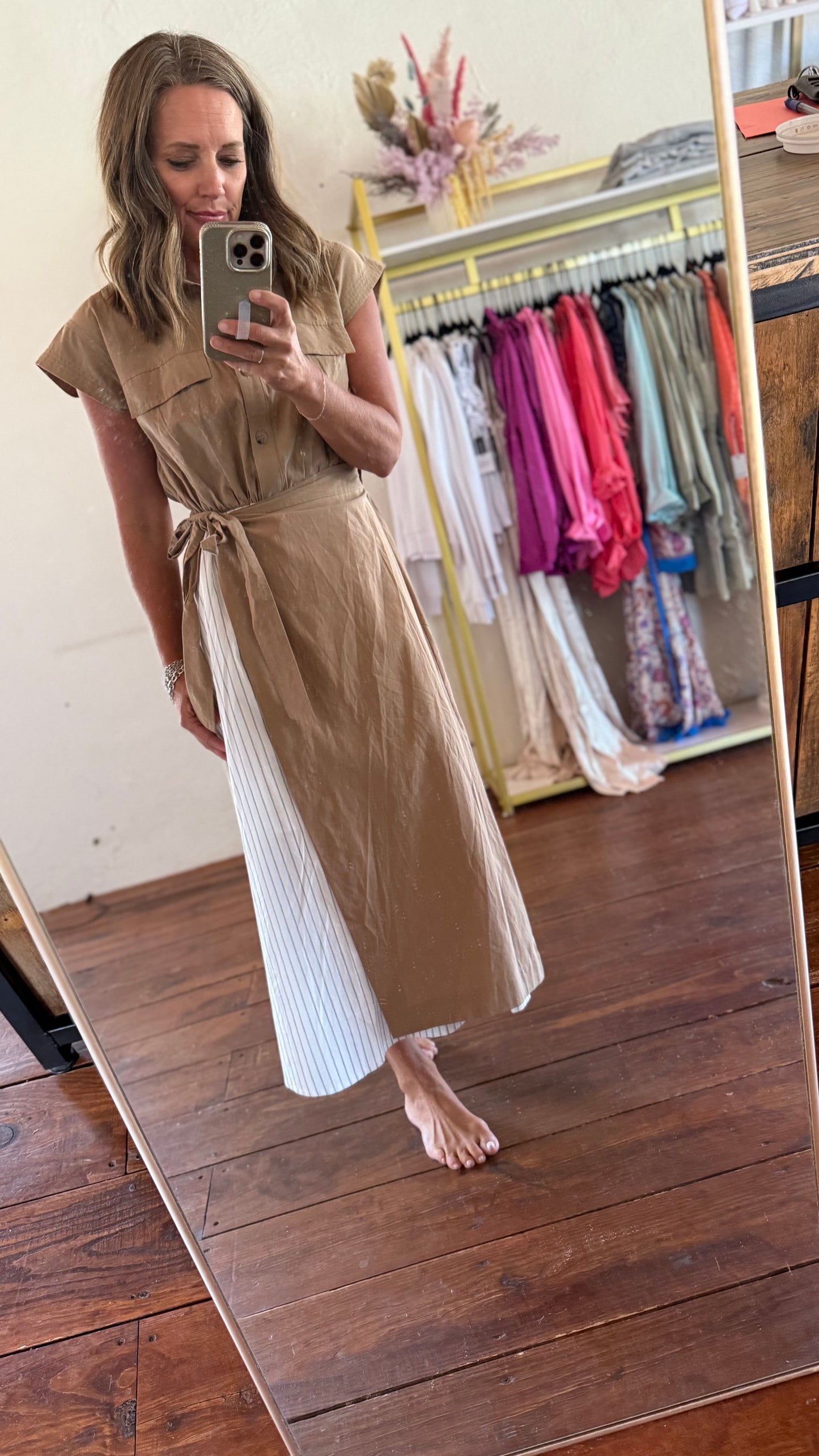 Khaki Midi Dress with Black & White Stripe