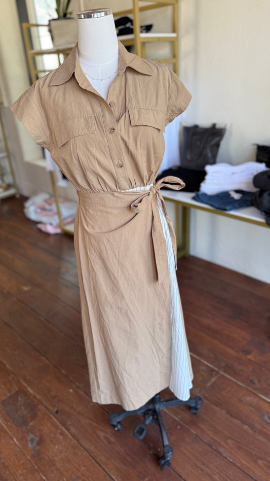 Khaki Midi Dress with Black & White Stripe