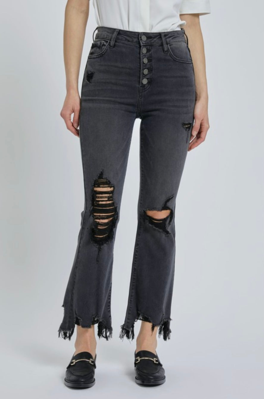 Charcaol Washed Exposed Button Down Frayed Hem Crop Flare