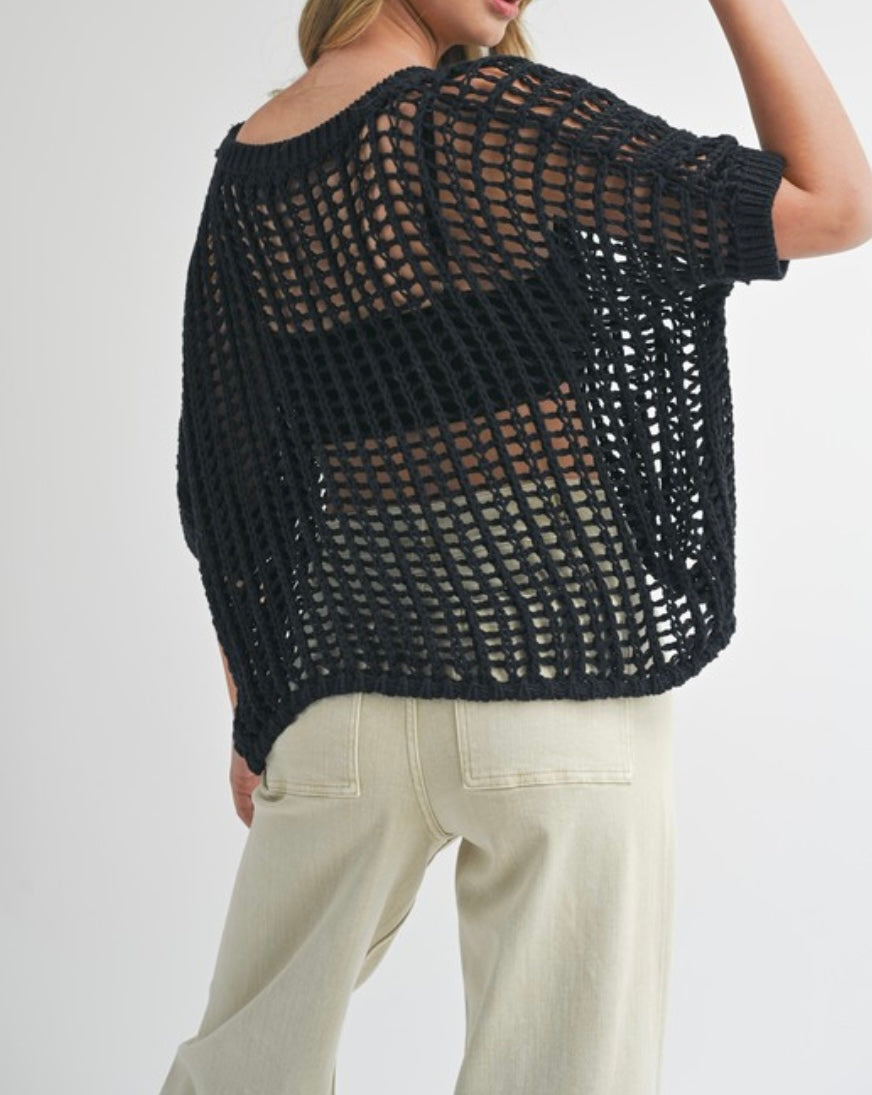 Light Weight Netted Knit Top in Black