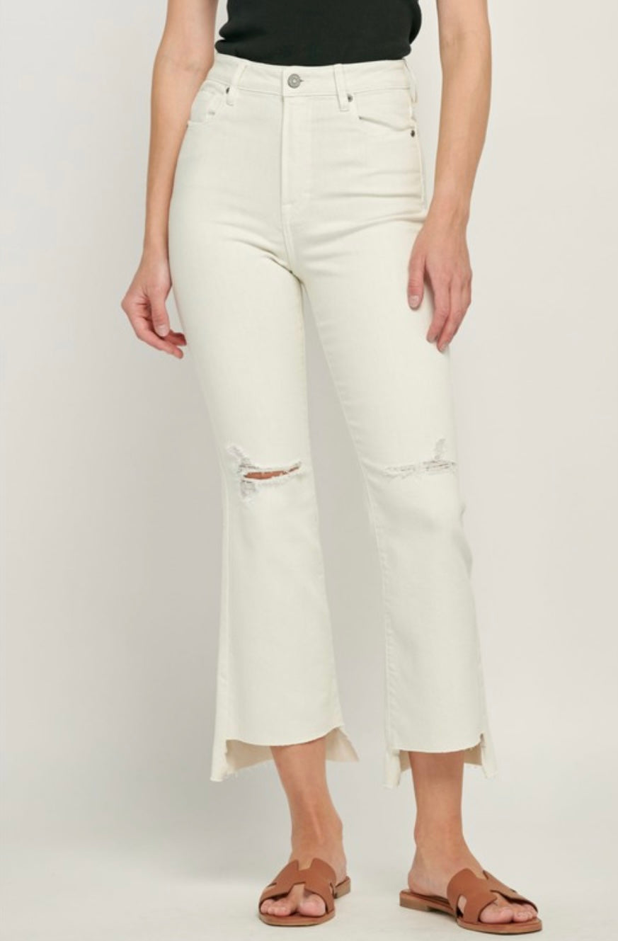 Step Hem Cropped Flare Denim in Stone