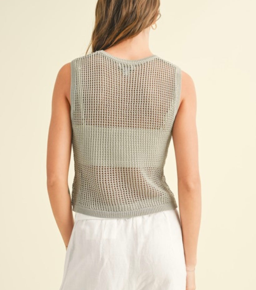 Crochet Knitted Sleeveless Top in Cool Silver