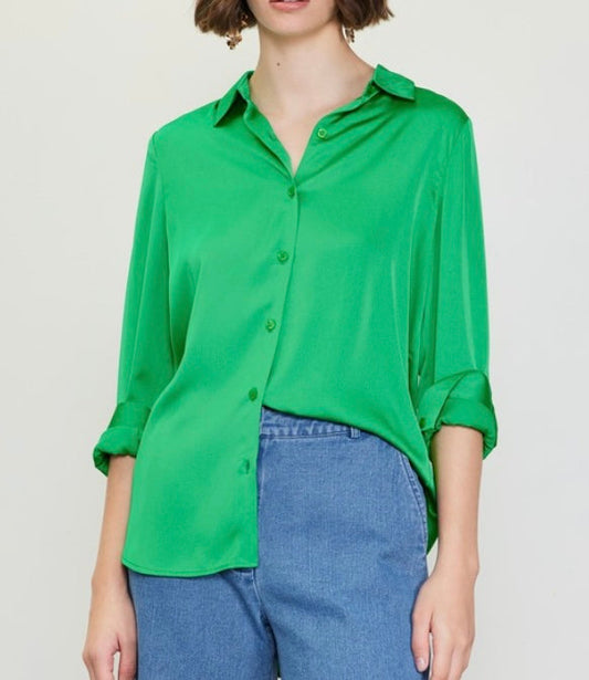 Satin Button Down Blouse in Leaf Green