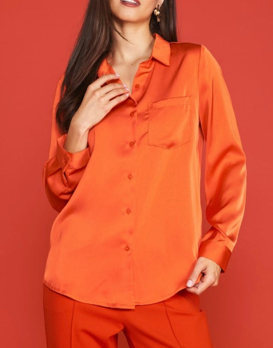 Long Sleeve Satin Top with Pocket Detail in Geranium
