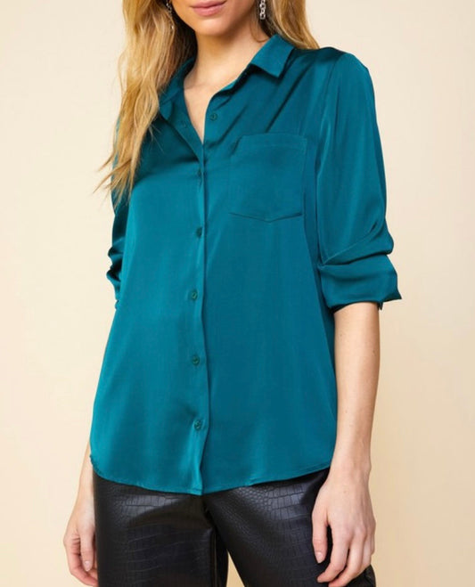 Long Sleeve Satin Top with Pocket Detail in Sea Green*