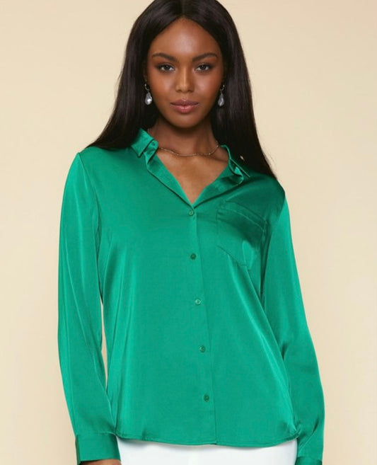 Long Sleeve Satin Top with Pocket Detail in Light Emerald Green